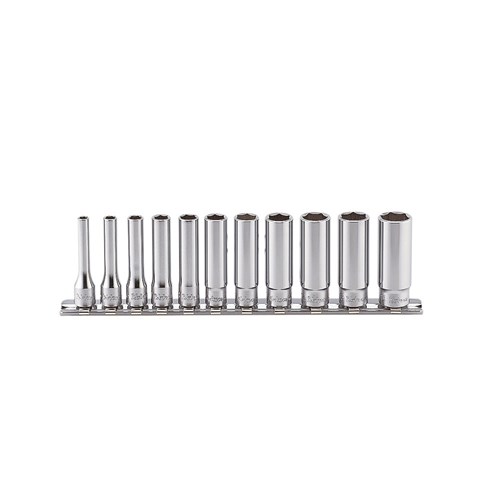 SOCKET SET ON RAIL 1/4DR 4-14MM DEEP(12PT)11PC