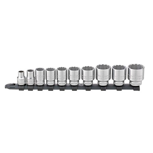 10-Piece Socket Set on Rail (8-24mm) - 3/8